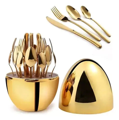 Set Cubiertos De 24 Piezas Acero Inoxidable Estuche Huevo Dorado